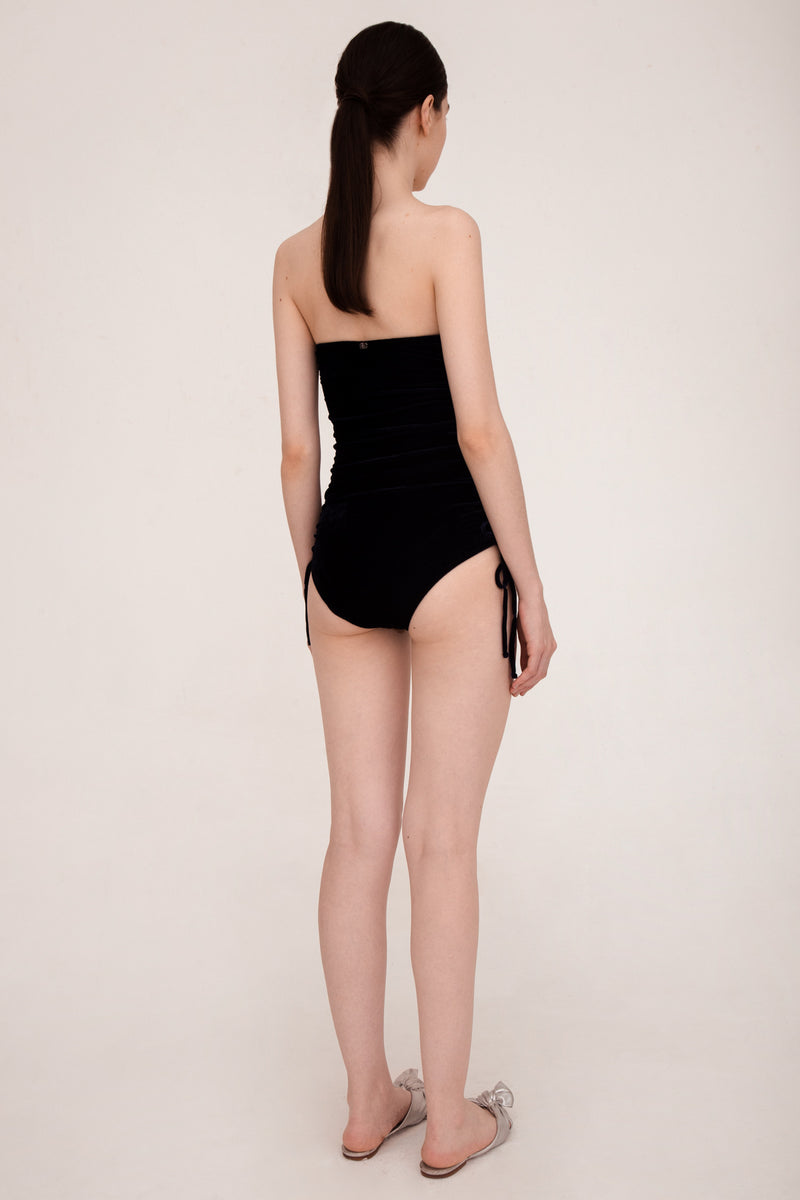 Frilled Velvet Strapless Swimsuit With Side Ties