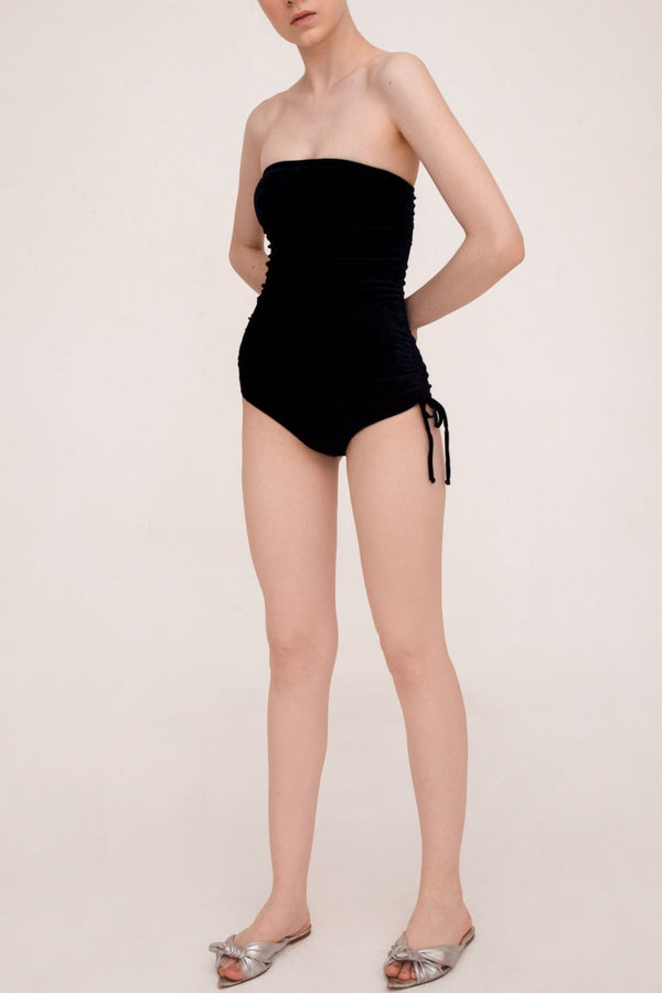 Frilled Velvet Strapless Swimsuit With Side Ties