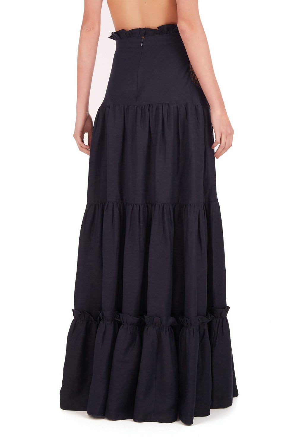 Marine Navy Long Skirt With Seashell Embroidery Back