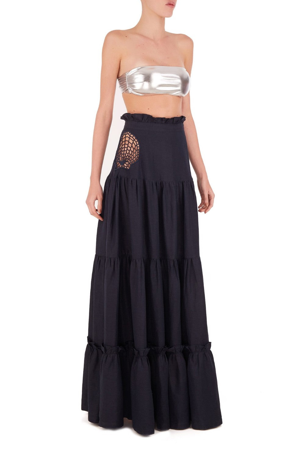 Marine Navy Long Skirt With Seashell Embroidery Front