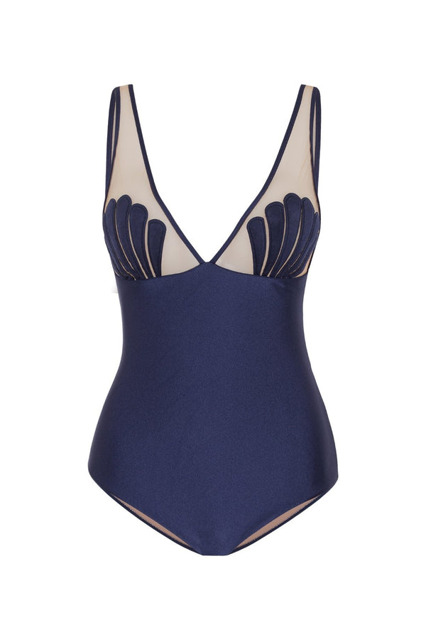 With a modern silhouette and retro inspiration, this “new vintage” style swimsuit is cut from lightweight stretch fabric with beige tulle appliquéd