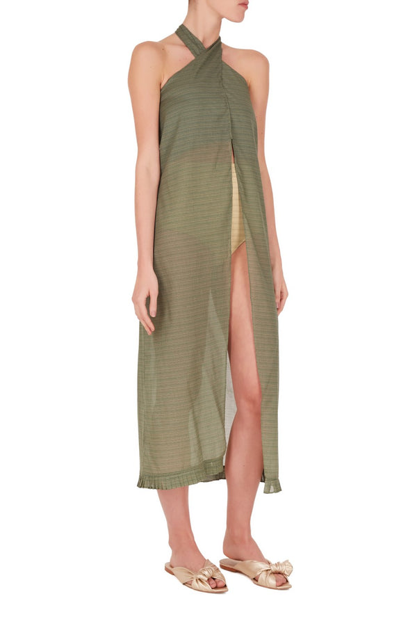This simple and elegant cover up can be styled over palazzo pants to create fluid, relaxed lines