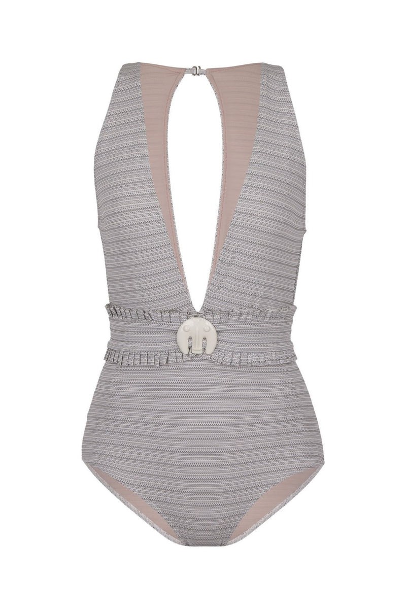 Made from stretch jacquard fabric, this swimsuit comes with a matching belt embellished with an elephant resin detail inspired from vintage African jewelry