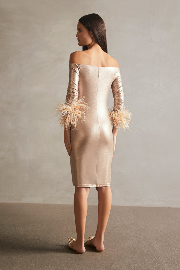 Metallic Off-The-Shoulder Short Dress With Feathers Back