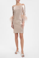 Metallic Off-The-Shoulder Short Dress With Feathers Front 3