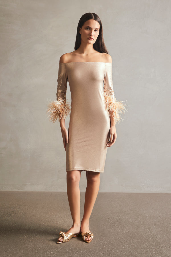Metallic Off-The-Shoulder Short Dress With Feathers Front