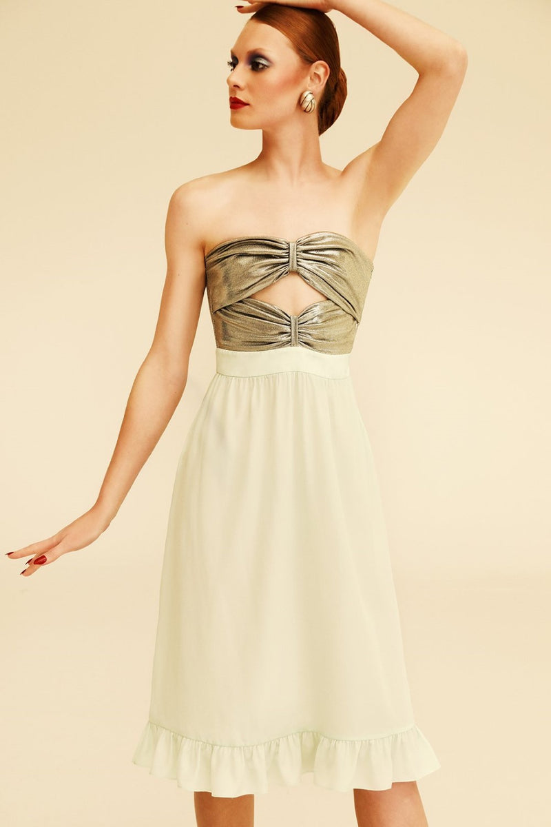 knee length dresses for ladies Metallic Strapless Midi Dress