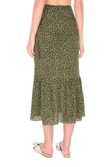 This midi skirt is cut with sheer silk and falls to a fluid midi hem with ruffles