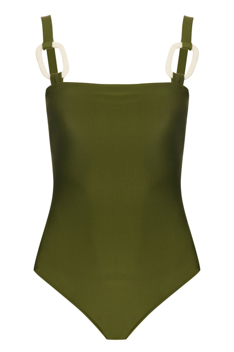 This modern meets vintage style swimsuit is made in brazil abd crafted from  stretch fabric with acrylic buckle details