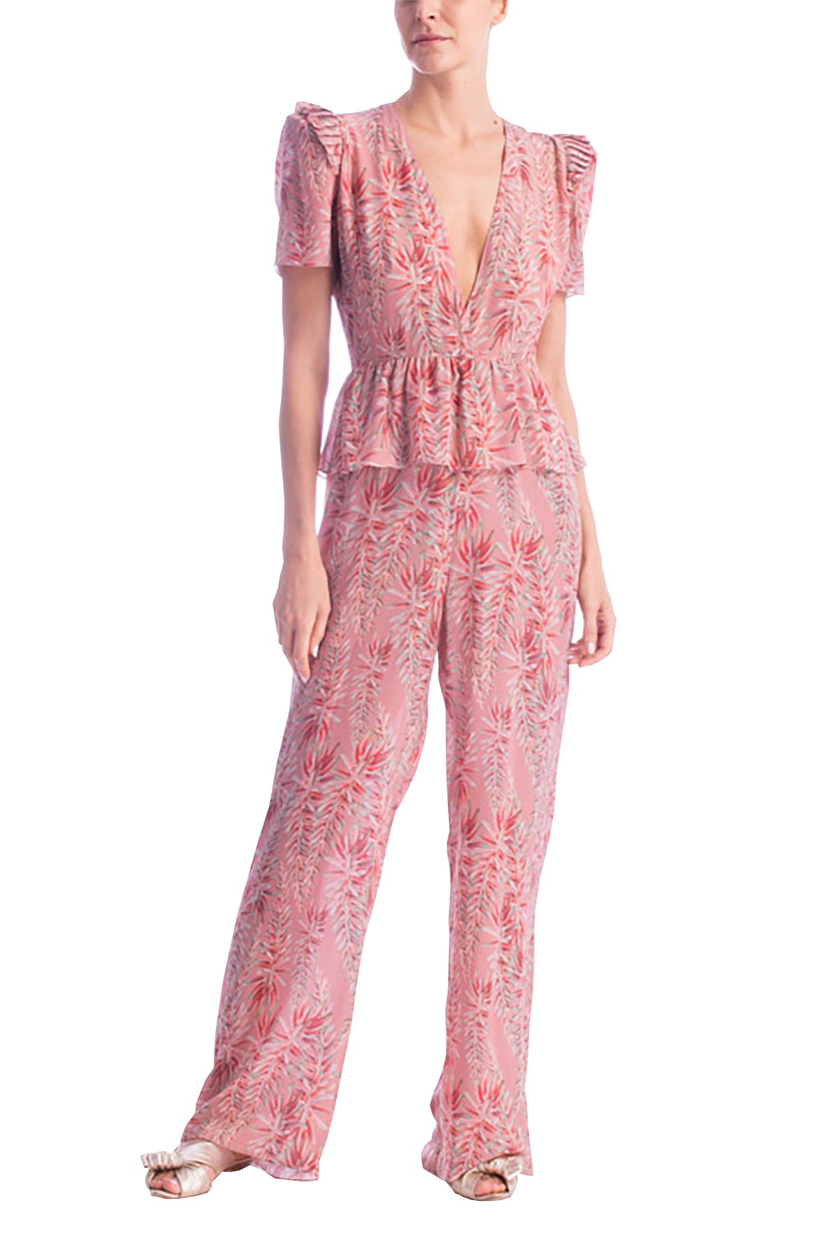 Pink Aloe V-Neck Ruffled Jumpsuit Front