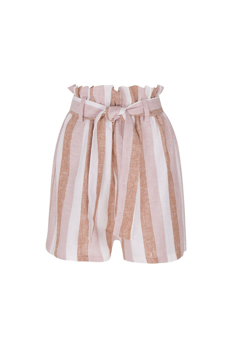 These clochard shorts have an adjustable waist tie that creates flattering bag effect. This high-rise pair is made of linen printed with Portofino tones of rosé and terracotta