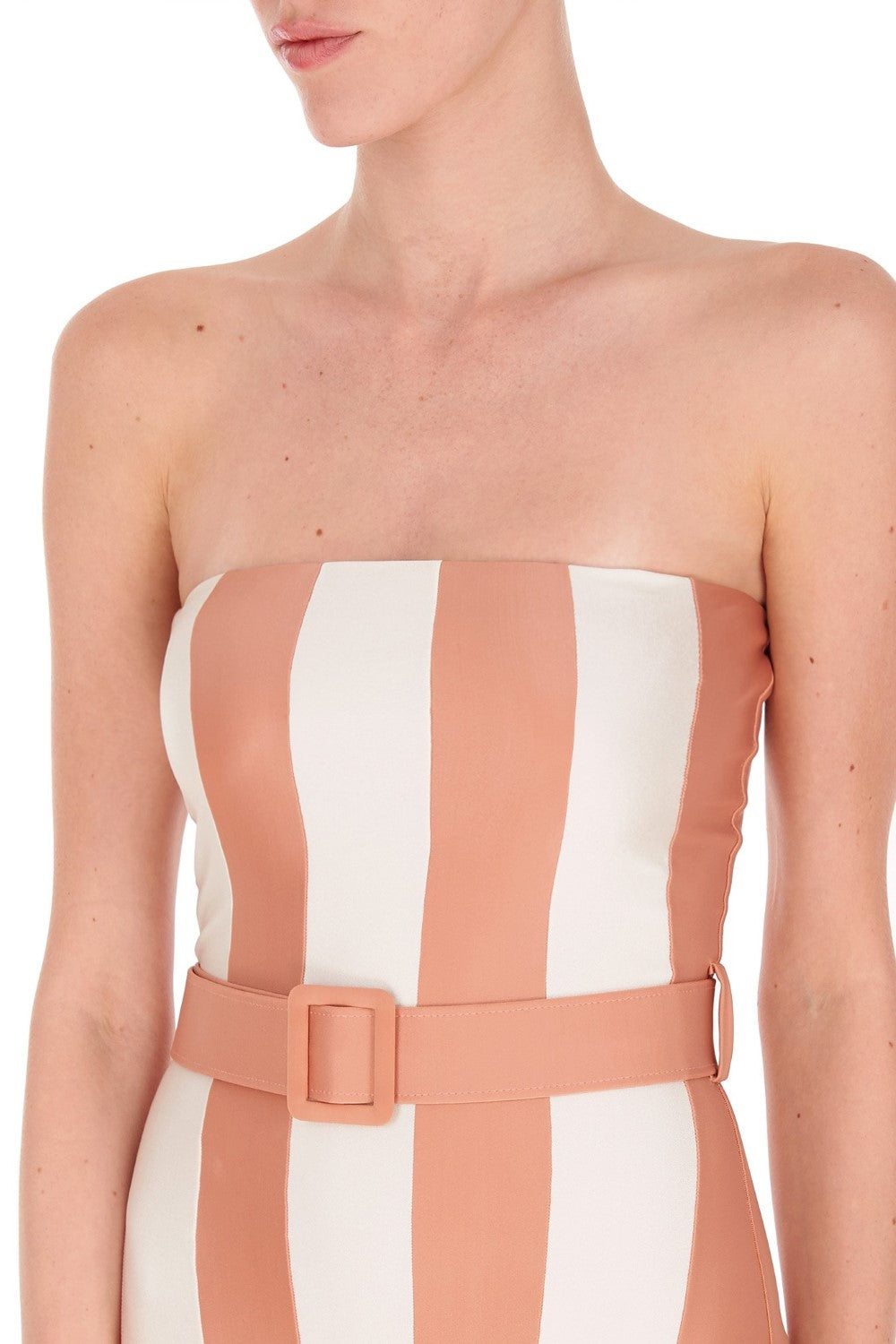 Porto Striped Strapless Swimsuit with Belt Detail