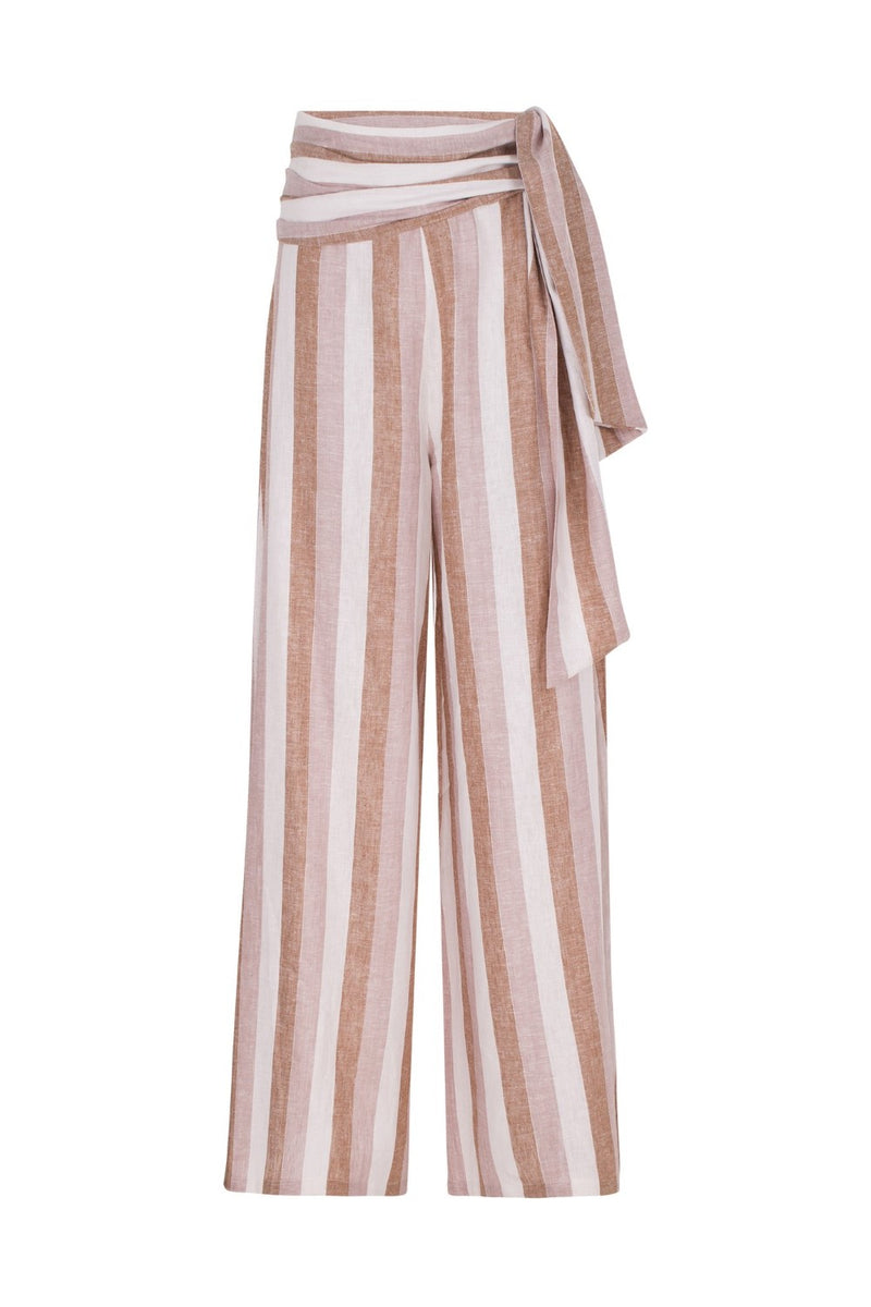 These linen pants have an extra-long wide leg and can be worn poolside with a matching bikini and slides to balance the loose-fit