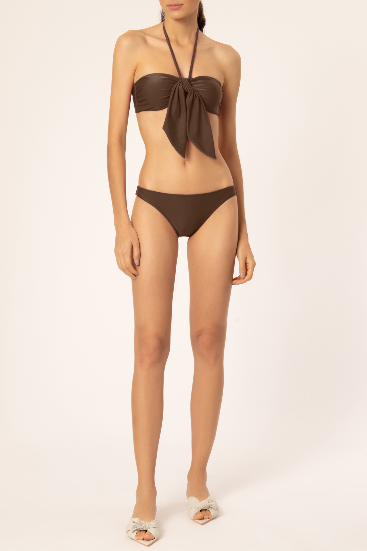 Solid Brown Halterneck Bikini With Knot Front