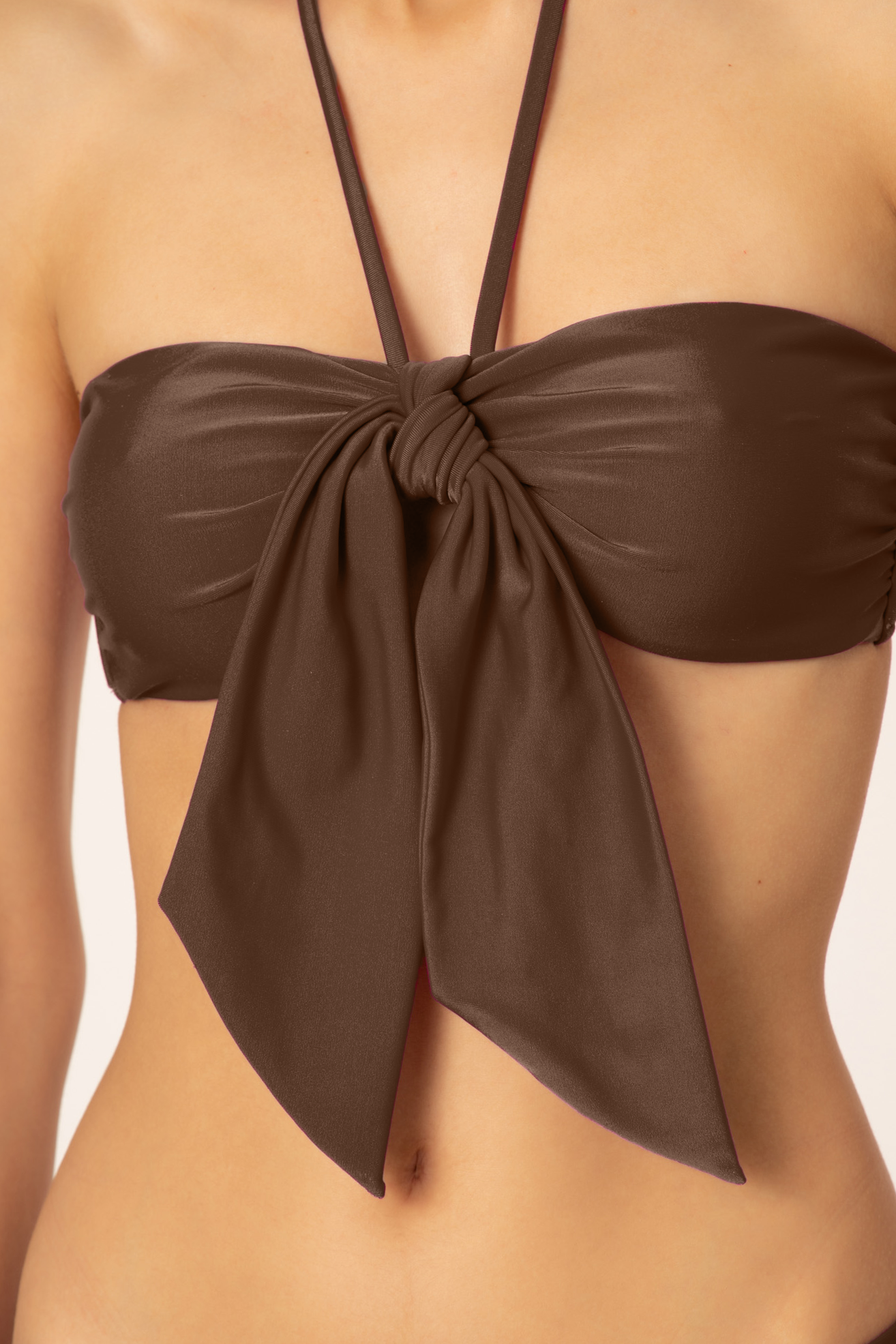 Solid Brown Halterneck Bikini With Knot Top Detail