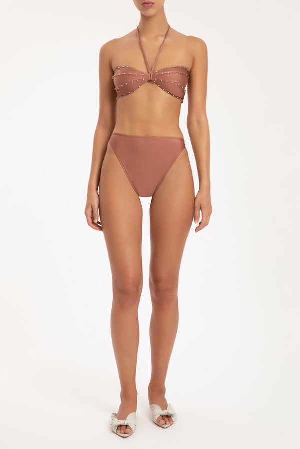Solid Carre Vintage Brown High-leg Halterneck Bikini Front