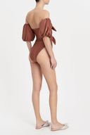 Solid Carre Vintage Puff-Sleeved Swimsuit With Double Knot Back