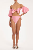 Solid Carre Vintage Puff-sleeved Bikini With Knot Front