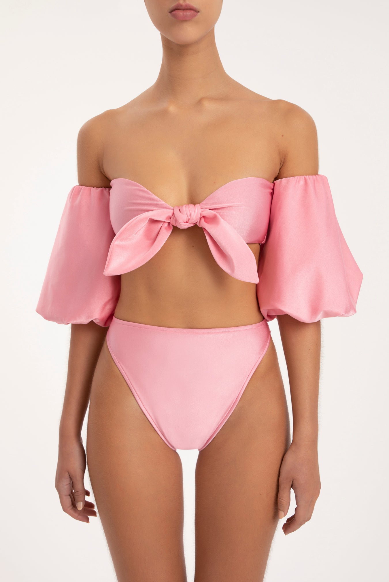 Solid Carre Vintage Puff-sleeved Bikini With Knot Top Detail