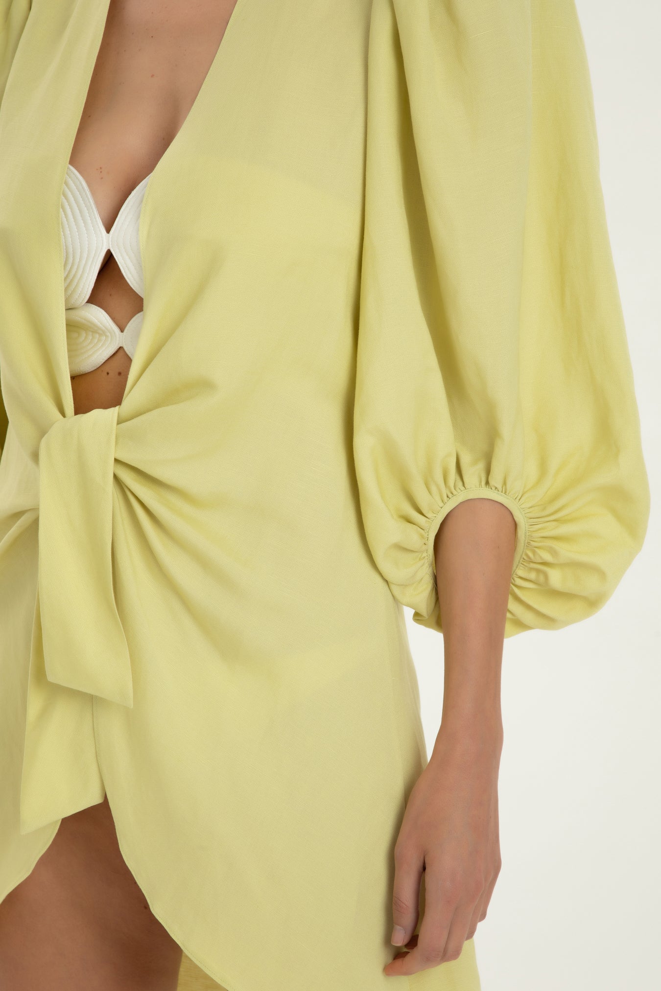 Solid Citrus Shirt With Voluminous Sleeves And Knot Detail