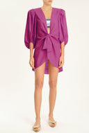 Solid Fuchsia Shirt With Voluminous Sleeves And Knot Front 2