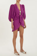 Solid Fuchsia Shirt With Voluminous Sleeves And Knot Front