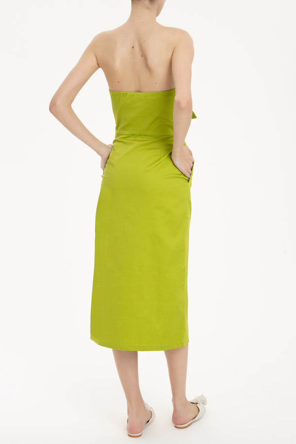 Solid Green Strapless Midi Dress With Double Knot Back