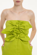 Solid Green Strapless Midi Dress With Double Knot Detail