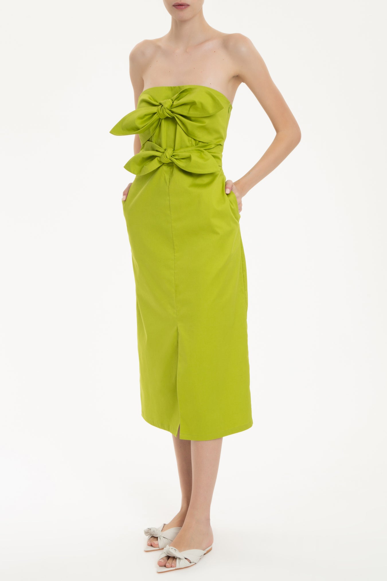 Solid Green Strapless Midi Dress With Double Knot Front 2