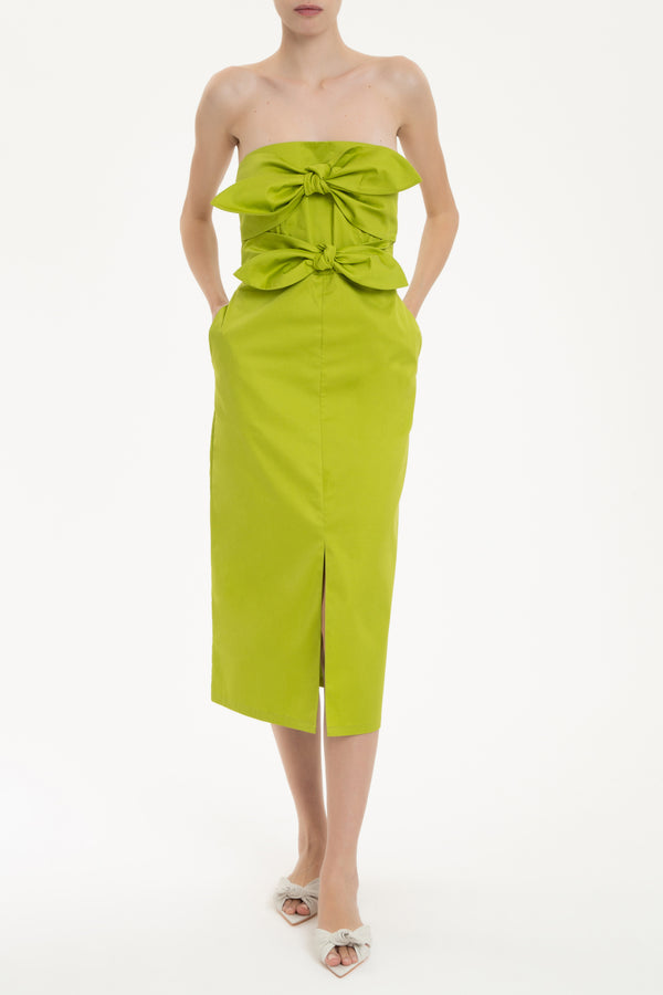 Solid Green Strapless Midi Dress With Double Knot Front