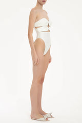 Solid High-Leg Matelasse Swimsuit Off White Side
