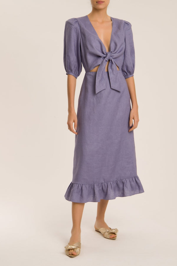 Solid Puff-Sleeved Midi Dress And Knot