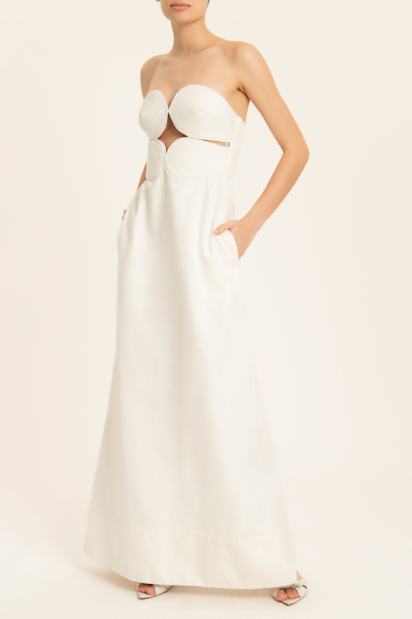 Solid Strapless Matelasse Long Dress Off White Front