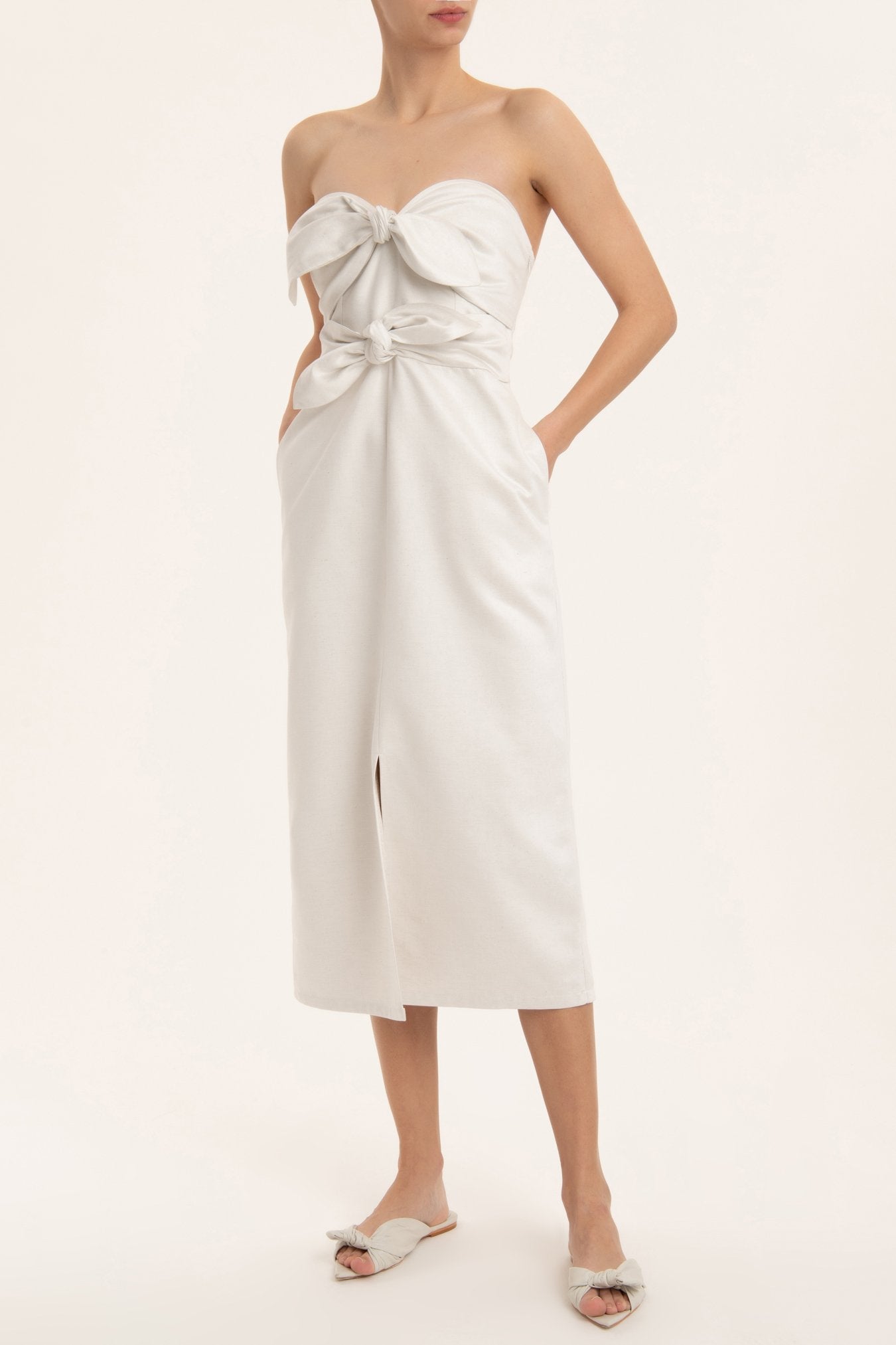 Solid Strapless Midi Dress With Double Knot Front 2