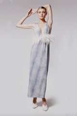 Stone V-Neck Long Dress With Feathers
