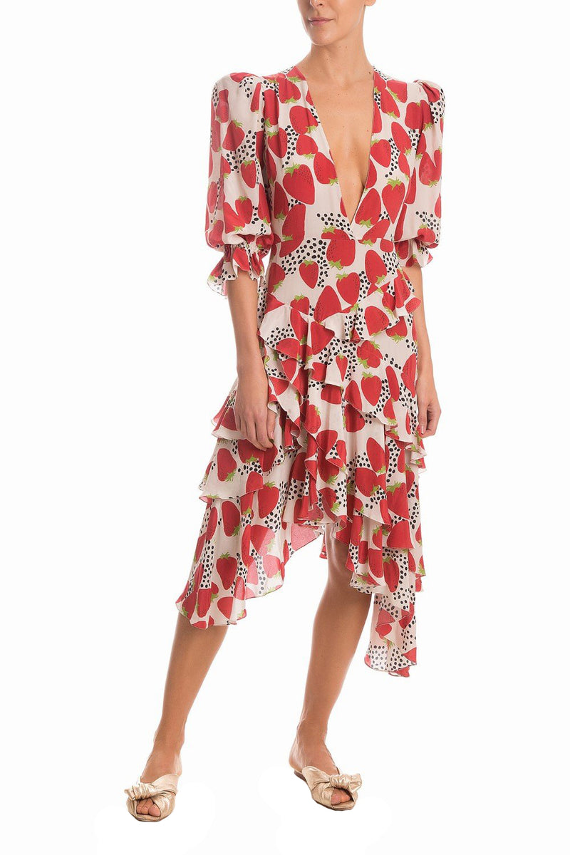 This midi dress is featured  with a strawberry print and shaped with an asymmetric skirt that moves gracefully when you walk