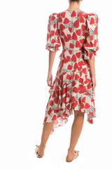 This midi dress is featured  with a strawberry print and shaped with an asymmetric skirt that moves gracefully when you walk