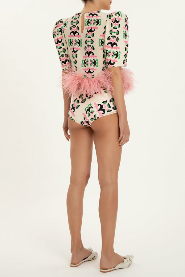 Twisted Flower Blouse & Hot Pants Set With Feathers Back