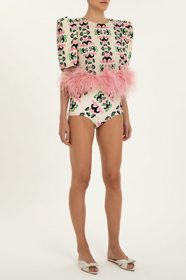Twisted Flower Blouse & Hot Pants Set With Feathers Front
