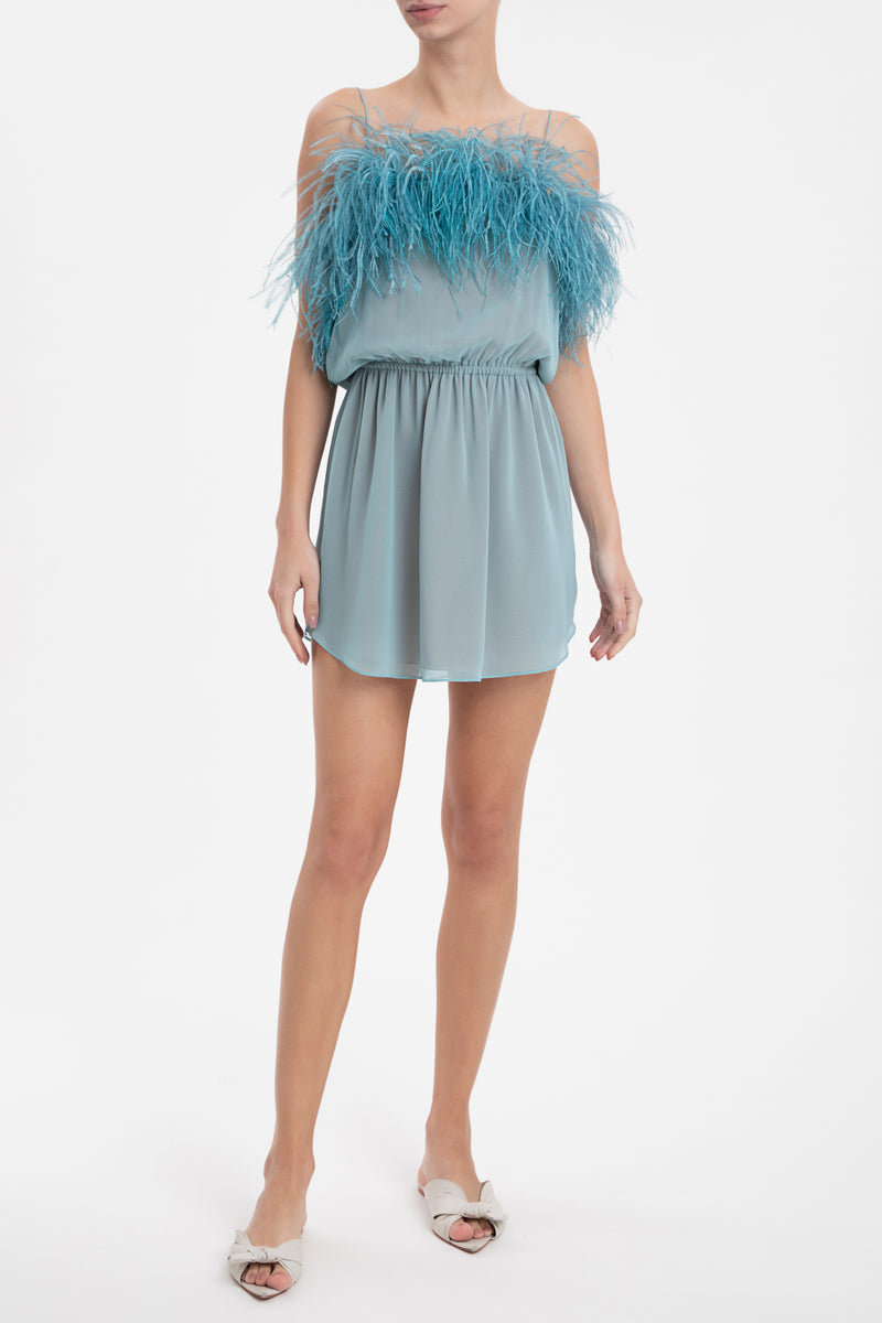 Solid Short Dress With Feathers