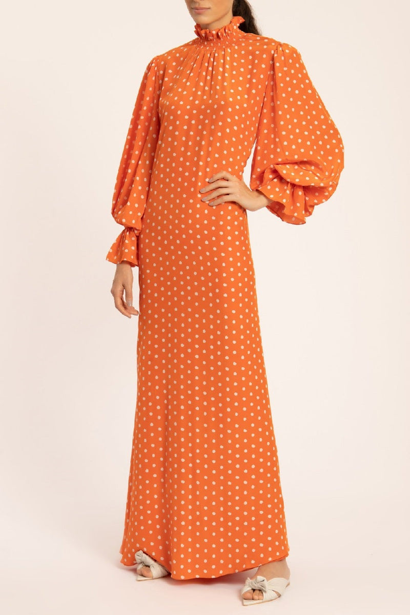 Tangerine Pois Lastex Detail Long Dress