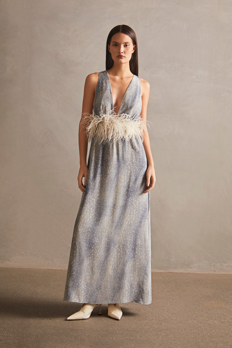 Stone V-Neck Long Dress With Feathers