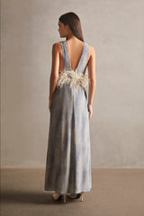 Stone V-Neck Long Dress With Feathers