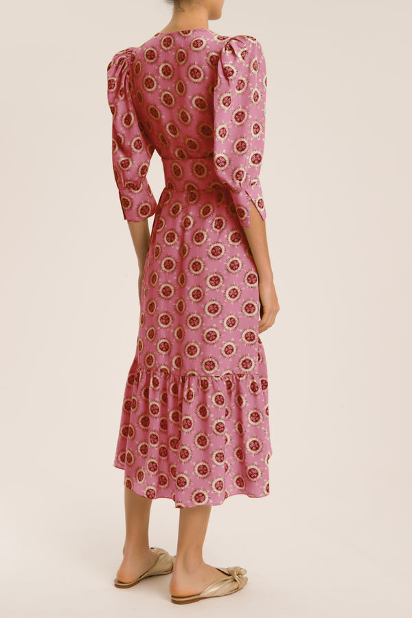 Exotic Passion Puff-Sleeved Silk Midi Dress With Belt