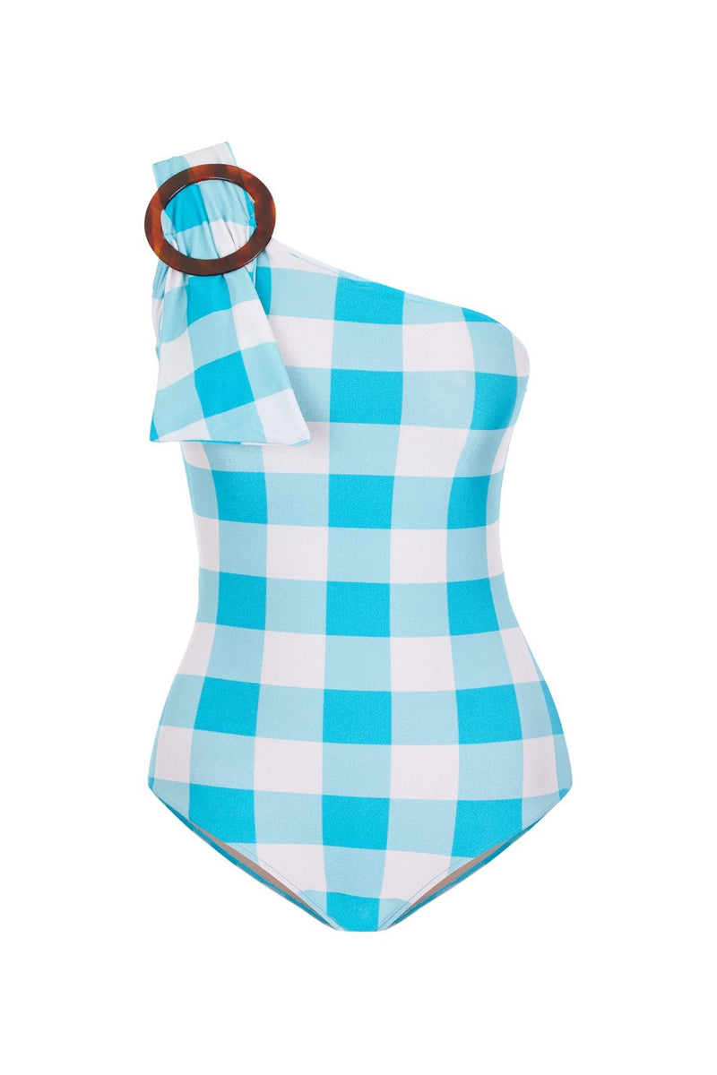 This one-shoulder self-tie swimsuit is made from stretch fabric and comes with a brown tortoiseshell-acetate buckle and we love with matching skirt poolside or for lunch with friends