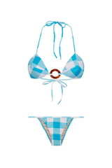 This retro-inspired bikini set s made from gingham stretch fabric with a self-tie structured top with a resin buckle ring and low-rise briefs
