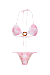 This retro-inspired bikini set s made from gingham stretch fabric with a self-tie structured top with a resin buckle ring and low-rise briefs