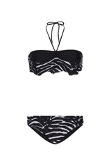 This vintage style bandeau bikini set comes with a skinny halterneck strap and a charming front skirt with ruffles