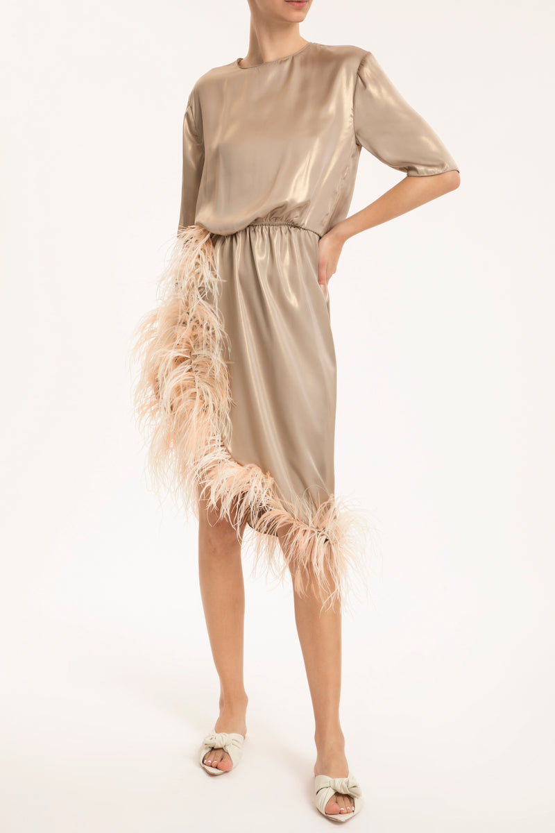 Metallic Short Dress With Feathers