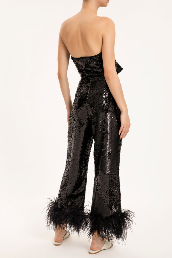 Sequins Wide-Leg Pants With Feathers